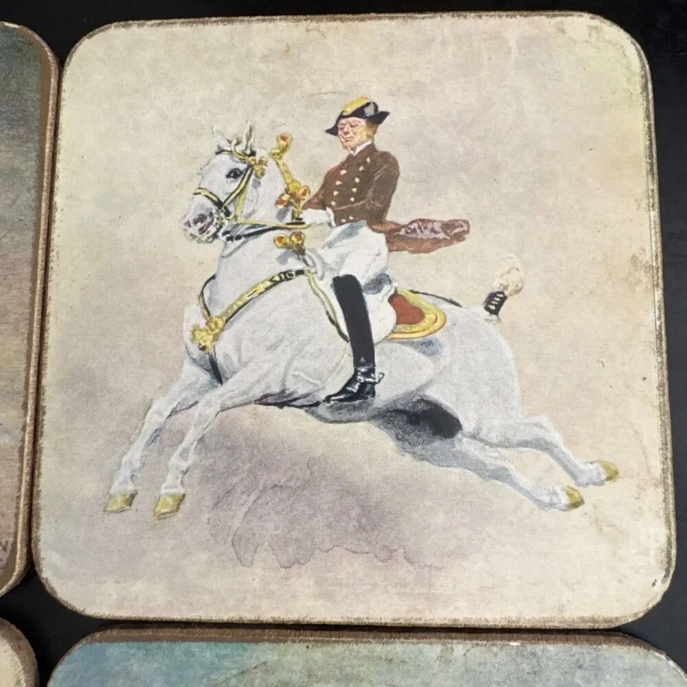 Vintage Alexander Pock Modern Riding School Sheraton Set of Five Coasters Horses